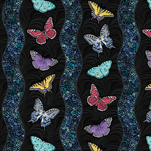 Benartex Fabrics Circle of Butterflies Jackie Robinson Black Butterfly Split Waves