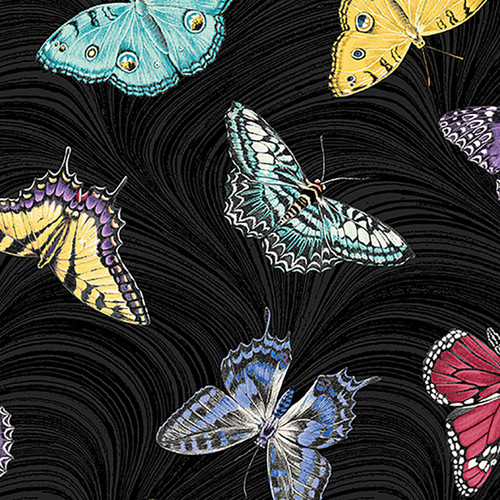 Benartex Fabrics Circle of Butterflies Jackie Robinson Black Butterfly Waves