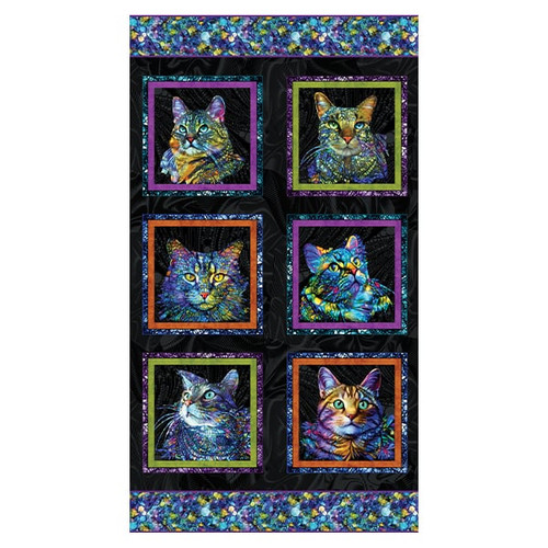 Benartex Fabrics Cat Artistry Peggy Collins Blue Black Cat Panel