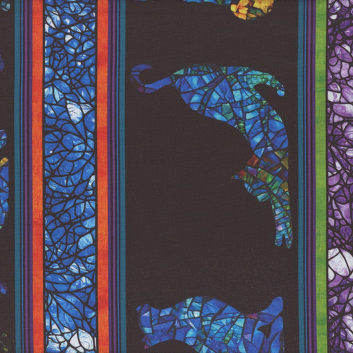 Benartex Fabrics Cat Artistry Peggy Collins Black Blue Stained Glass Cat Stripe