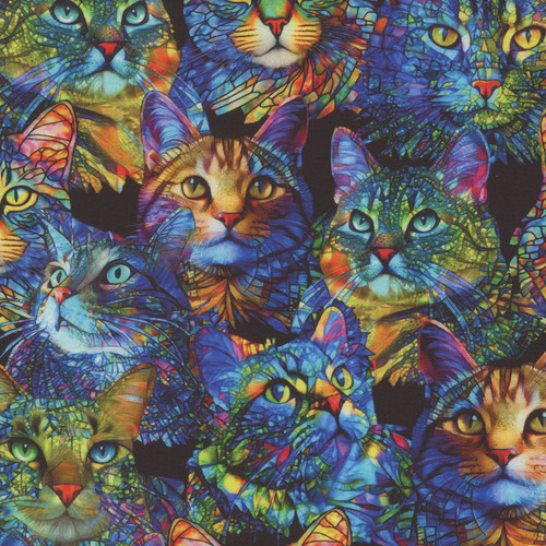 Benartex Fabrics Cat Artistry Peggy Collins Blue Purple Green Cat Collage