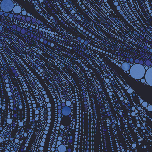 Benartex Fabrics Cat Artistry Peggy Collins Blue Circle Bubble Swirls, fabric with a pattern of blue circles and bubbles swirling on a dark background.