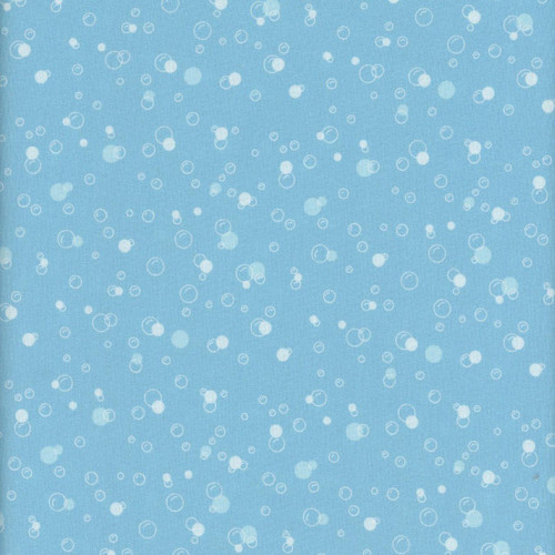 Dear Stella Fabrics Cats in the Laundry Leezaworks Cyan Blue Bubbles, close-up of fabric with a pattern of white bubbles on a cyan blue background, suitable for quilting and crafts.