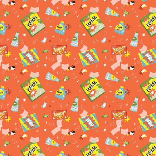 Dear Stella Fabrics Cats in the Laundry Leezaworks Carrot Orange Suds & Purrs, fabric pattern featuring playful cats with laundry-related illustrations in bright orange, green, blue, and yellow colors.