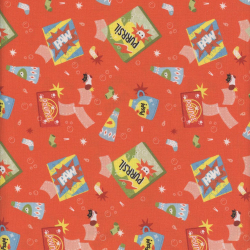 Dear Stella Fabrics Cats in the Laundry Leezaworks Carrot Orange Suds & Purrs, colorful fabric with a playful laundry theme featuring cartoon cats, detergent boxes, laundry bottles, socks, and bubbles on a bright orange background.