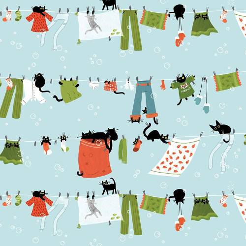 Dear Stella Fabrics Cats in the Laundry Leezaworks Sky Blue Hanging Out, fabric pattern featuring playful black cats among hanging laundry on clotheslines with socks, shirts, and curtains in a sky blue background.