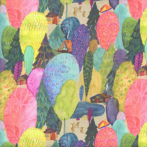 Dear Stella Fabrics Nature Walk Multi, colorful nature-themed fabric pattern featuring trees, small cabins, and animals.