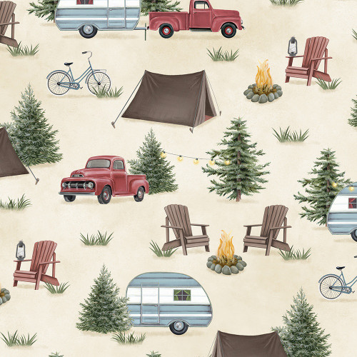 Wilmington Prints Evergreen Escape Danielle Murray Camping Scenic All Over Sand Cream