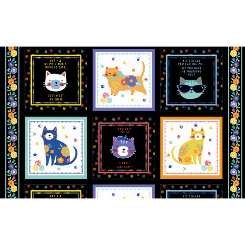 Wilmington Prints Fe-Line Frisky Anne Rowan Craft Panel Black Aqua Blue Orange