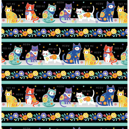 Wilmington Prints Fe-Line Frisky Anne Rowan Repeating Stripe Black Aqua Blue Orange