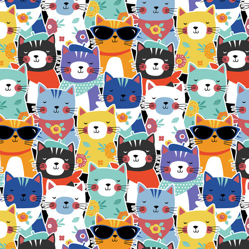 Wilmington Prints Fe-Line Frisky Anne Rowan Packed Cats Black Aqua Blue Orange