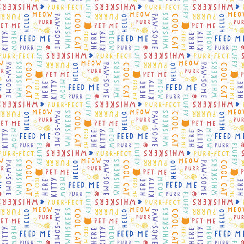 Wilmington Prints Fe-Line Frisky Anne Rowan Words All Over White Aqua Blue Orange