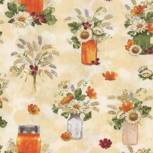 Wilmington Prints Harvest Blooms Beth Grove Harvest All Over Cream, fabric print featuring floral arrangements in jars and wheat stalks design.