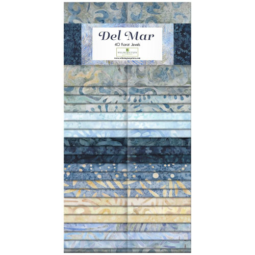 Wilmington Prints Del Mar Wilmington Batiks 40 Karat Fabric Strips, collection of fabric strips with blue, beige, and cream batik patterns.