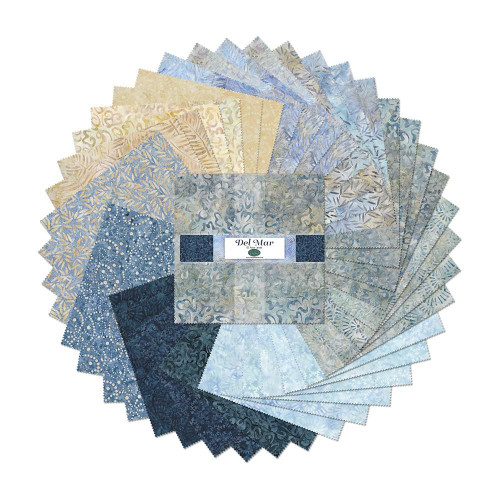 Wilmington Prints Del Mar Wilmington Batiks 10 Karat Squares Ten Inch Layer Cake, fabric collection featuring various shades of blue, beige, and gray batik prints with intricate patterns.
