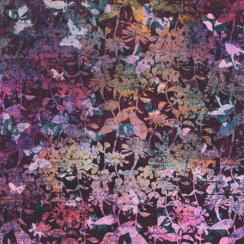 In The Beginning Evanescence by Jason Yenter Magenta Pink Butterflies fabric with colorful butterfly and leaf pattern.