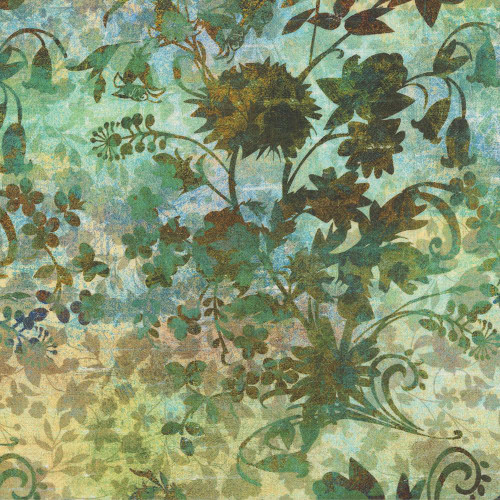 In The Beginning Evanescence by Jason Yenter Green Floral Bouquet, floral patterned fabric with dark silhouette of blooming flowers and leaves against a textured green and blue background.