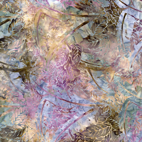 Timeless Treasures Fabrics Plumberry Tonga Batiks Stone Brown Purple Tropical Leaves, batik fabric featuring a tropical leaf pattern in stone brown, purple, and other soft pastel colors with a watercolor-like background.