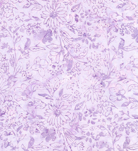 Timeless Treasures Fabrics Plumberry Tonga Batiks Lilac Purple Daisies Sunflowers Floral, a fabric with a light purple and lilac floral pattern featuring daisies, sunflowers, and other flowers.