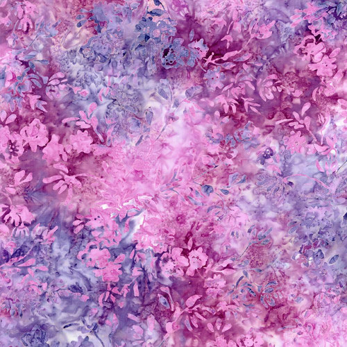 Timeless Treasures Fabrics Plumberry Tonga Batiks Rose Purple Lakehouse Flowers, a colorful floral batik fabric with shades of pink, purple, and blue in a watercolor style.
