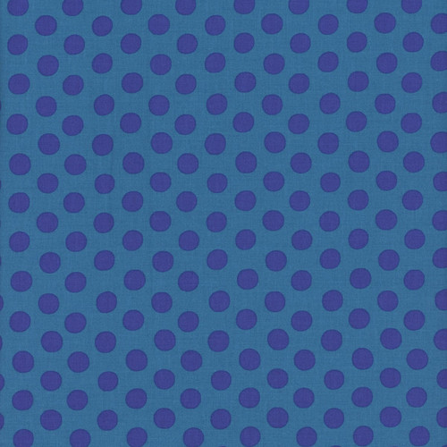 Kaffe Fassett Collective for FreeSpirit Fabrics February 2026, Kaffe Fassett Spot Mallard fabric pattern with blue polka dots on a teal background.