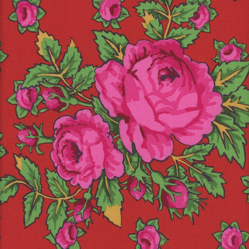 Kaffe Fassett Collective for FreeSpirit Fabrics February 2026 by Kaffe Fassett Rosie Red, vibrant floral pattern featuring large pink roses with green leaves on a red background.