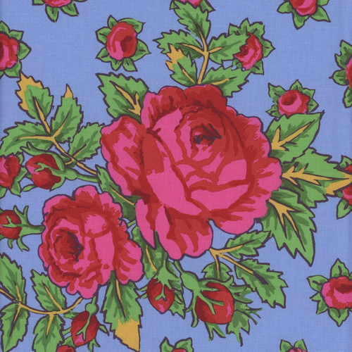 Kaffe Fassett Collective for FreeSpirit Fabrics February 2026 by Kaffe Fassett Rosie Sky, floral fabric with pink roses and green leaves on a blue background.
