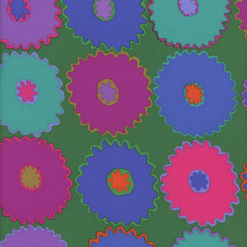 Kaffe Fassett Collective for FreeSpirit Fabrics February 2026, Pinking Blue fabric with colorful circular floral patterns on a green background.