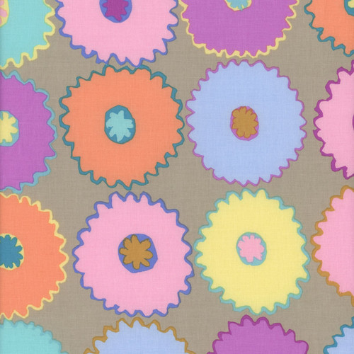 Kaffe Fassett Collective for FreeSpirit Fabrics February 2026 by Kaffe Fassett Pinking Pastel, colorful floral pattern with pastel pink, purple, orange, yellow, blue, and beige flowers with jagged edges and centers on a beige background.