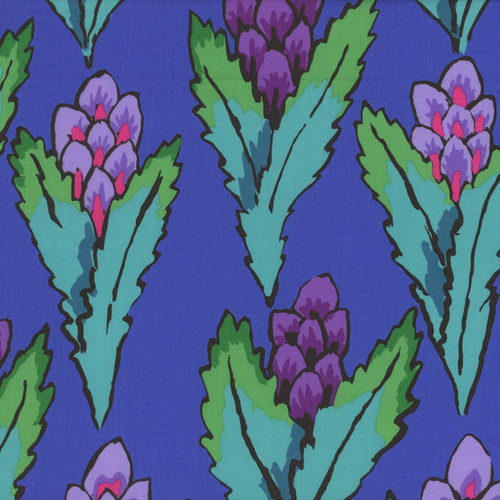 Kaffe Fassett Collective for FreeSpirit Fabrics February 2026 by Kaffe Fassett Hyacinth Blue fabric pattern with stylized purple and pink floral motifs and green leaves on a deep blue background.