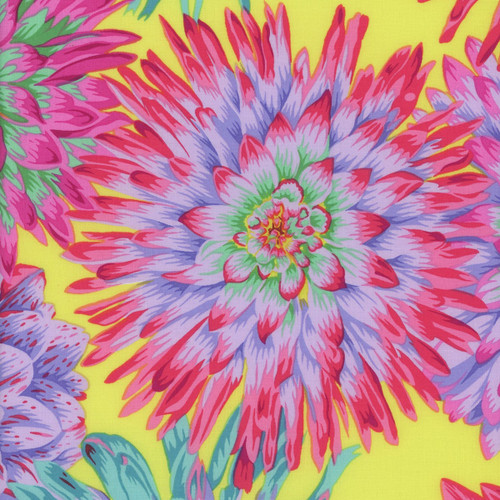 Kaffe Fassett Collective for FreeSpirit Fabrics February 2026 by Philip Jacobs Cactus Dahlia Spring, vibrant floral fabric pattern featuring colorful dahlias in pink, purple, blue, and green on a bright yellow background.