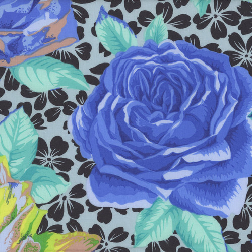 Kaffe Fassett Collective for FreeSpirit Fabrics February 2026 by Philip Jacobs Rose Bloom Blue, fabric design featuring vibrant blue and yellow roses with green leaves on a black background with small white floral patterns.