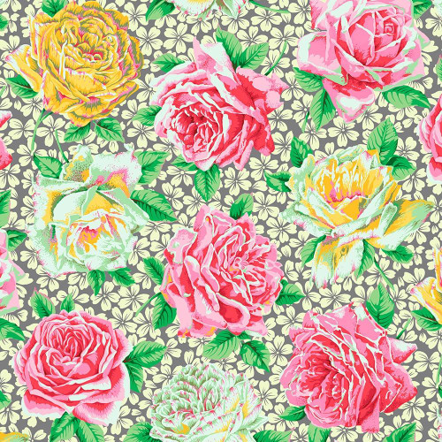 Kaffe Fassett Collective for FreeSpirit Fabrics February 2026 by Philip Jacobs Rose Bloom Grey, fabric with colorful roses and green leaves on a grey background with small beige floral patterns.