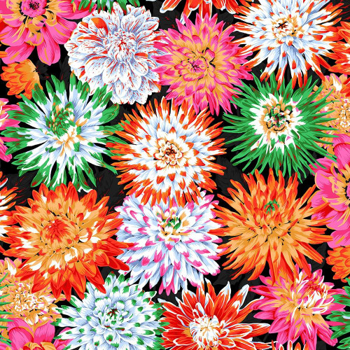 Kaffe Fassett Collective for FreeSpirit Fabrics February 2026 Cactus Dahlia Contrast, colorful floral fabric pattern with large dahlias in pink, orange, white, green, and blue hues on a black background.