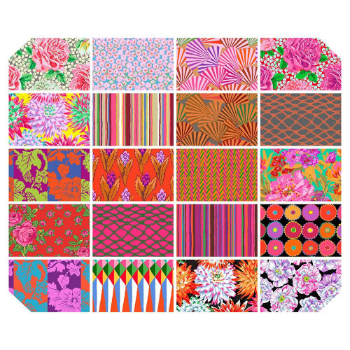 Kaffe Fassett Collective for FreeSpirit Fabrics February 2026 10 inch Charm Pack Warm, 42pcs, colorful floral, geometric, and abstract fabric patterns.