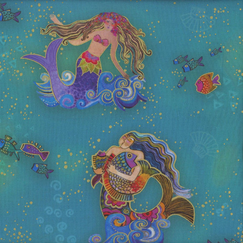 Clothworks Oceana by Laurel Burch Teal Blue Gold Mermaids