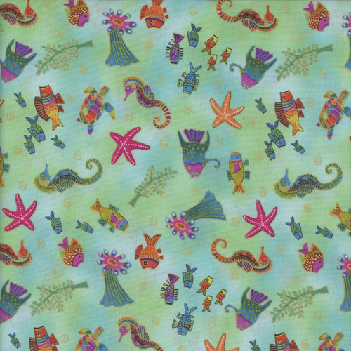 Clothworks Oceana by Laurel Burch Turquoise Pink Green Fish Sea Life