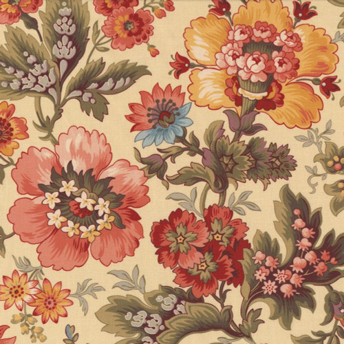 Andover Fabrics Laundry Line 108s by Laundry Basket Quilts Milk and Honey Cream, floral print fabric with large pink, yellow, blue, and red flowers and green leaves on a cream background.