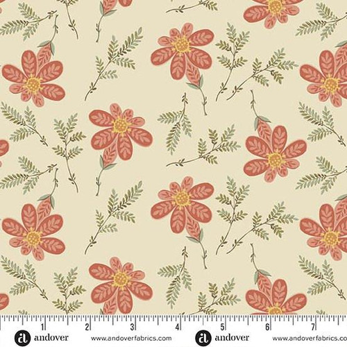 Andover Fabrics Laundry Line 108s by Laundry Basket Quilts Apron Strings Cream, floral fabric with red flowers and green leaves on a cream background.