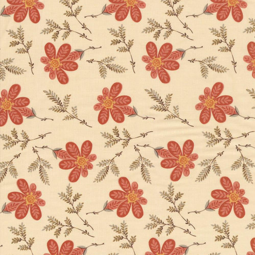 Andover Fabrics Laundry Line 108s by Laundry Basket Quilts Apron Strings Cream, fabric with a floral pattern of red flowers and small green and gray leaves on a cream background.