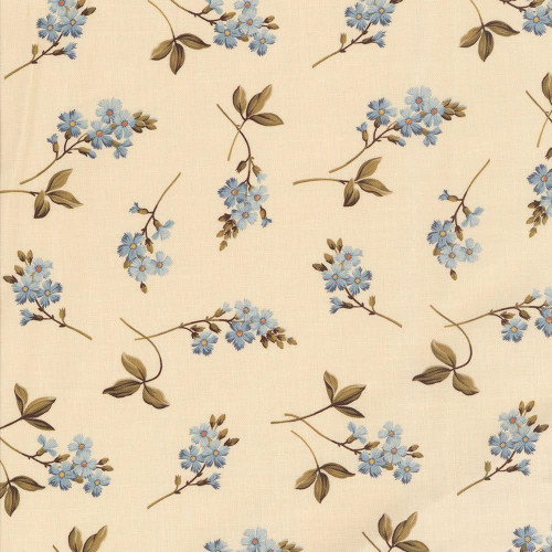 Andover Fabrics Laundry Line 108s by Laundry Basket Quilts Cornflower Cream, floral print fabric with blue flowers and green leaves on a cream background.