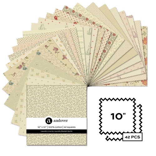 Andover Fabrics Laundry Line Laundry Basket Layer Cake 40 Ten Inch Squares, collection of 42 assorted quilt fabric squares with various floral, geometric, and vintage patterns in neutral and pastel colors.