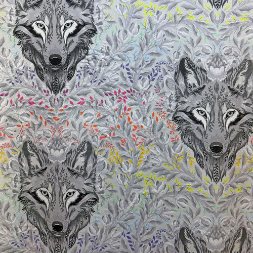 FreeSpirit Fabrics Graywork Minky Fleece by Tula Pink Wolf of Pink Street Fog, detailed fabric with wolf and floral patterns in gray, black, and colorful accents.