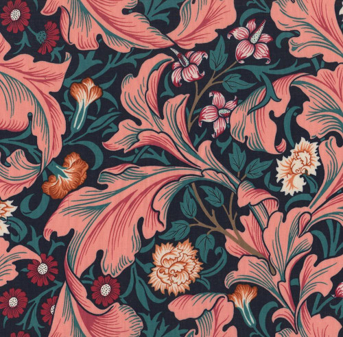 FreeSpirit Fabrics Bedford Park Cotton Lawn by William Morris Leicester Teal, detailed floral pattern in pink, teal, and white on a dark background.