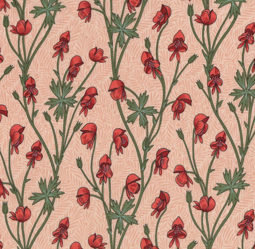 FreeSpirit Fabrics Bedford Park Cotton Lawn by William Morris Monkshood Fuchsia, botanical floral fabric with red monkshood flowers and green leaves on a soft pink background.