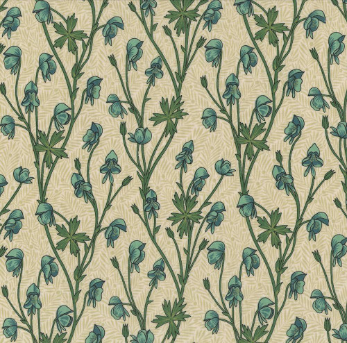 FreeSpirit Fabrics Bedford Park Cotton Lawn by William Morris SM Monkshood Mineral, floral fabric pattern featuring blue monkshood flowers and green leaves on a light background.