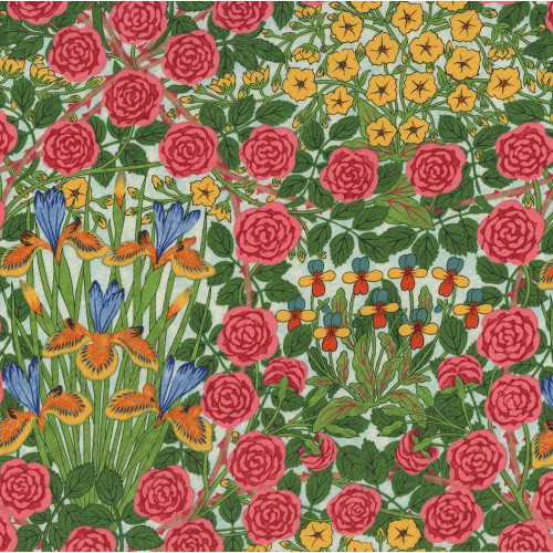 FreeSpirit Fabrics Bedford Park Cotton Lawn by William Morris Campanula Seaglass, colorful floral fabric with pink roses, yellow and orange flowers, and blue butterflies on a light background.