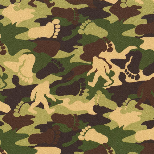 3 Wishes Fabrics Legendary Loner Big Foot Camo Tracking Sasquatch, camouflage fabric with footprints and Bigfoot silhouettes in green, brown, and beige tones.