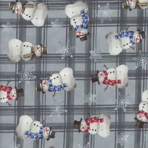 Henry Glass Fabrics Hollyville Manor Snowmen on Grey Blue Plaid, holiday snowmen wearing scarves and hats on a plaid background with snowflake accents.