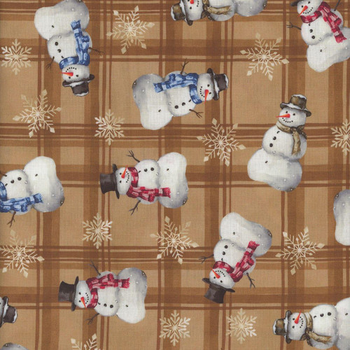 Henry Glass Fabrics Hollyville Manor Snowmen on Carmel Brown Plaid, festive holiday fabric featuring snowmen in scarves and hats on a brown plaid background with snowflake patterns.